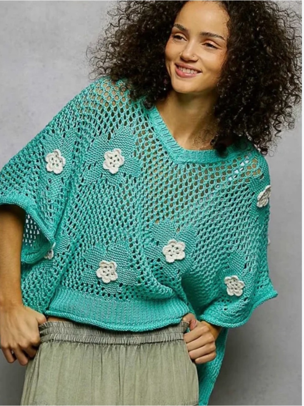 Perfect POL"Bloomin Filly" Floral Patch Open Sweater Top aqua turquoise Sz S